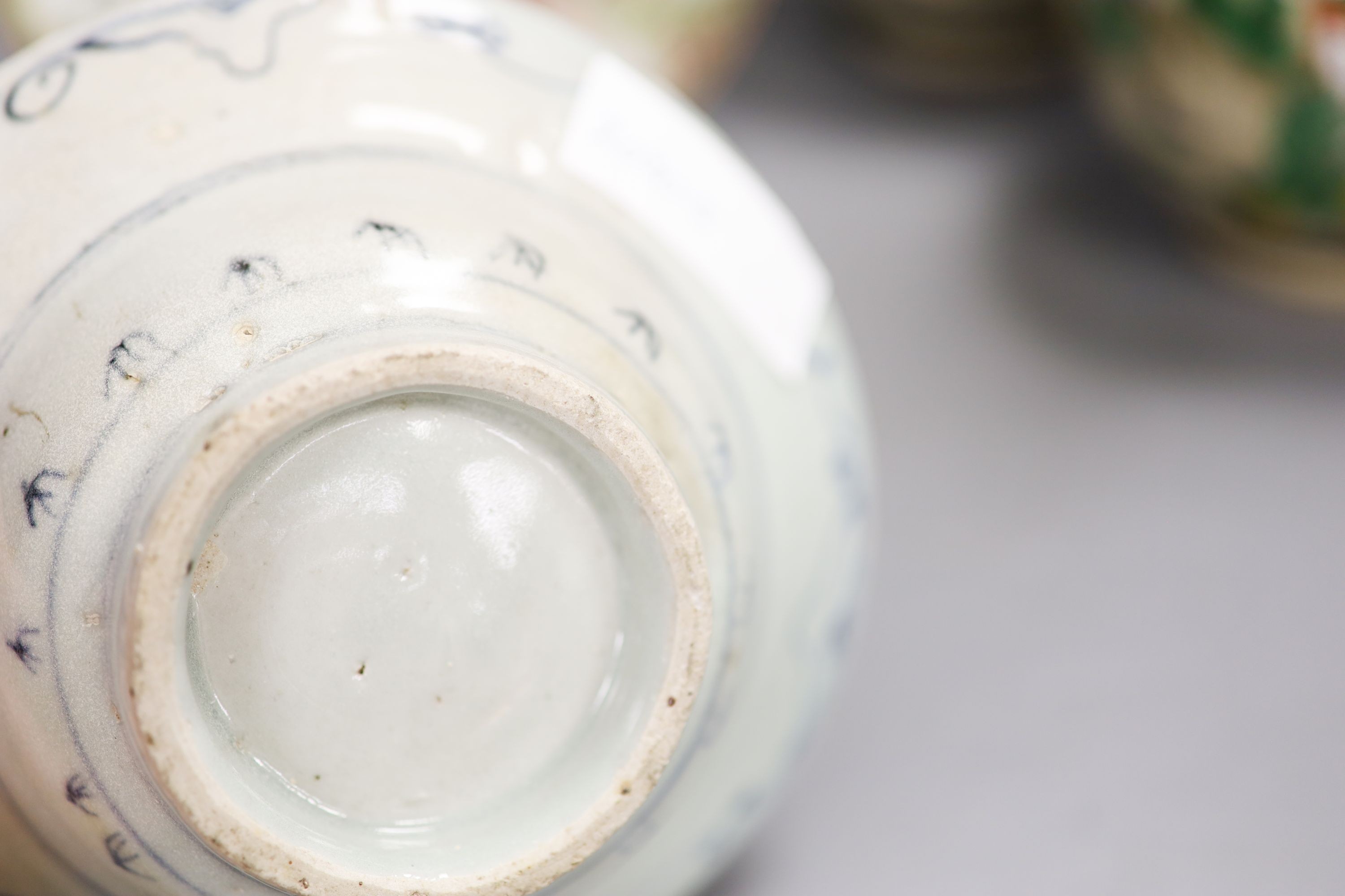 A pair of Chinese crackle glaze famille rose vases, a famille rose dish and a blue and white bowl, 19th century and later